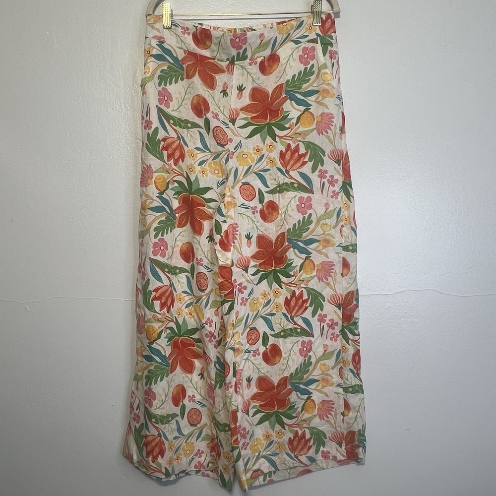 C&C California Linen Blend Pants L Wide Leg Floral Fruit Print Pull On Cropped